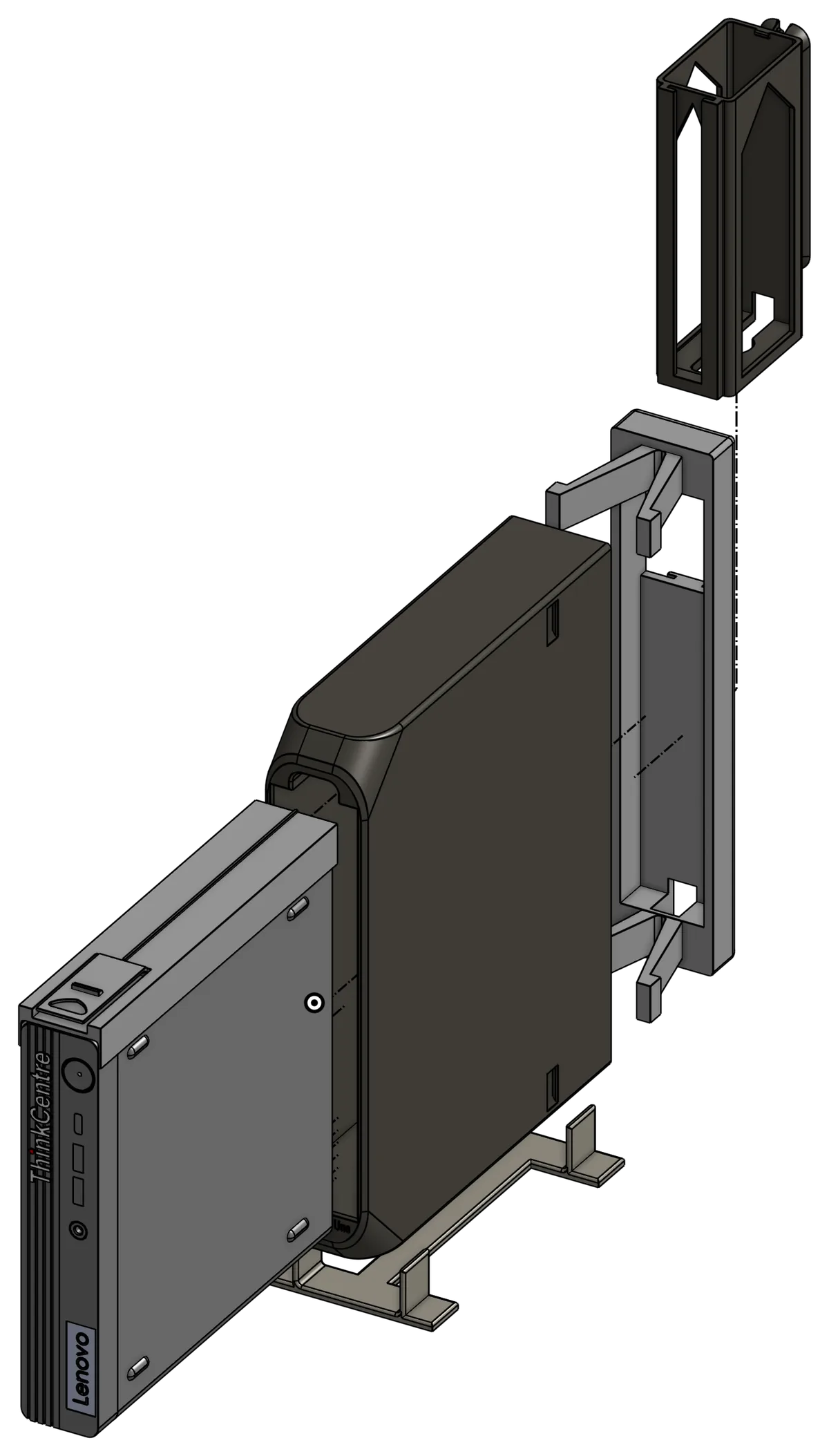Isometric CAD render of ComputeBay Uno — the wall-mount kit exploded to show the Lenovo ThinkCentre node, adapter frame, and mounting bracket.