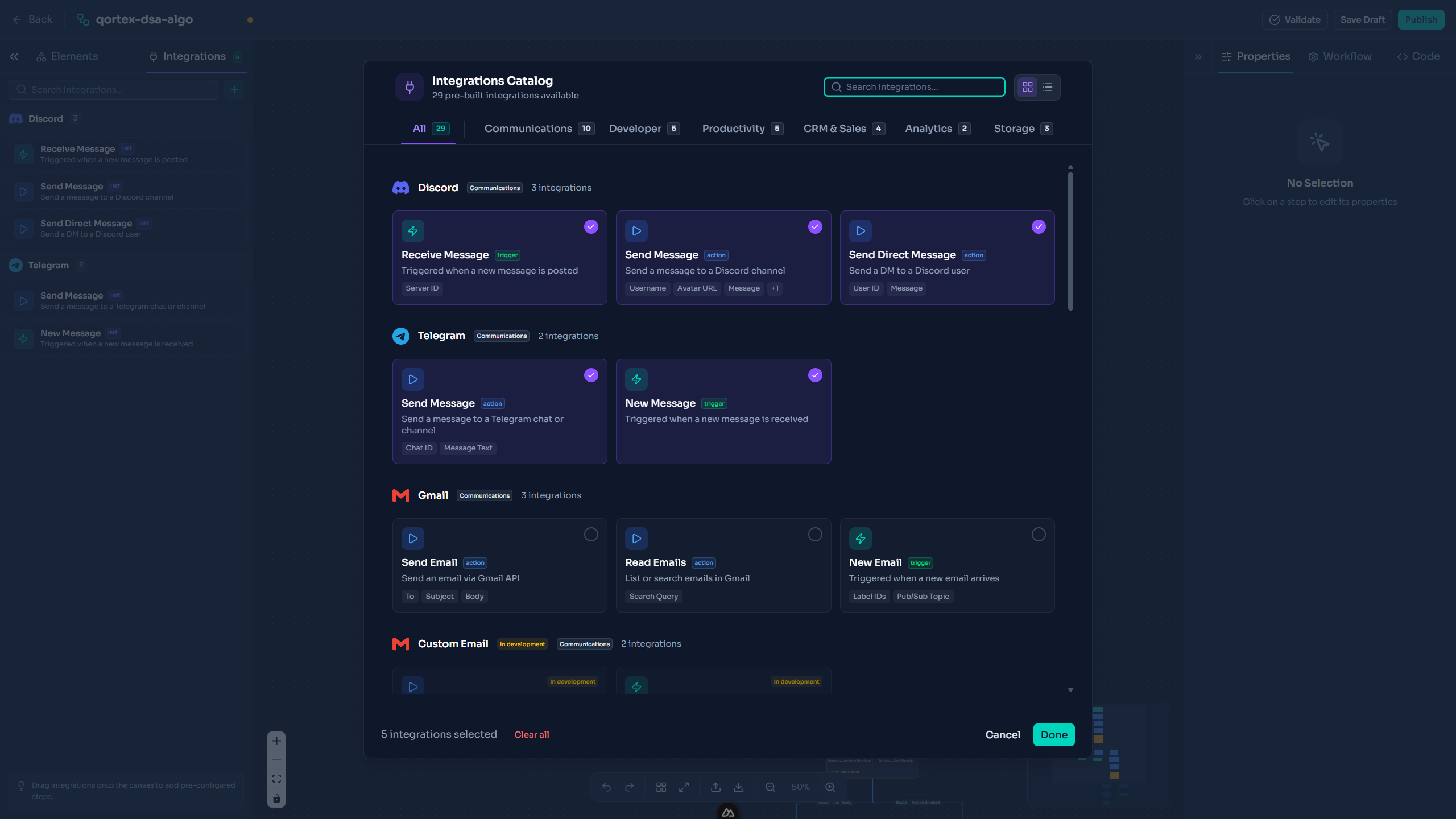WeaveNet integrations catalog modal - categorized cards for Discord, Telegram, Gmail and other communication, productivity, CRM, analytics and storage integrations.